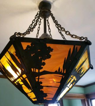 Mission,  Arts & Crafts Slag Glass hanging light fixture,  early 1900s 6