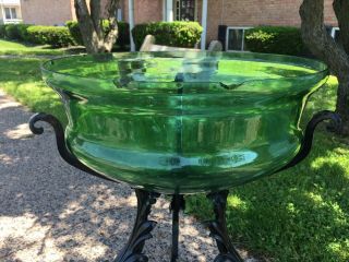 RARE Art Nouveau Victorian Green Uranium Blown Glass Fish Bowl w/ Iron Stand 10