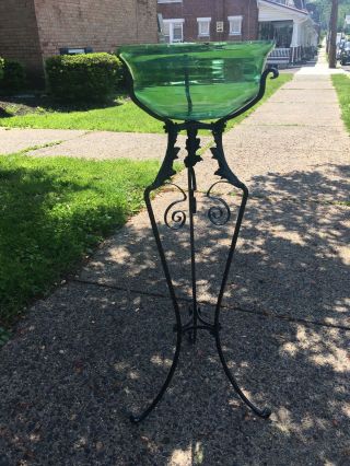 RARE Art Nouveau Victorian Green Uranium Blown Glass Fish Bowl w/ Iron Stand 12