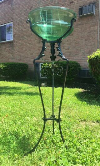 RARE Art Nouveau Victorian Green Uranium Blown Glass Fish Bowl w/ Iron Stand 2