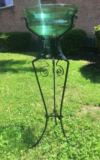 RARE Art Nouveau Victorian Green Uranium Blown Glass Fish Bowl w/ Iron Stand 4