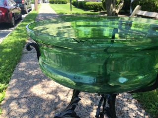 RARE Art Nouveau Victorian Green Uranium Blown Glass Fish Bowl w/ Iron Stand 6