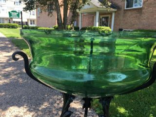 RARE Art Nouveau Victorian Green Uranium Blown Glass Fish Bowl w/ Iron Stand 7
