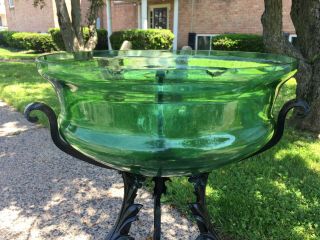 RARE Art Nouveau Victorian Green Uranium Blown Glass Fish Bowl w/ Iron Stand 8