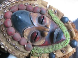 African Mask Dan Tribe Liberia Burnished Wood,  Cowrie Shells,  Bells,  Beads 5