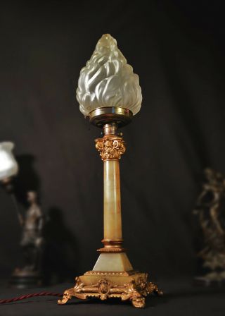 antique lamp Edwardian 1910 L/E cast bronze Corinthian rouge marble flame shade 11