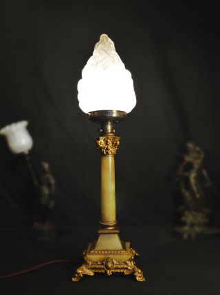 antique lamp Edwardian 1910 L/E cast bronze Corinthian rouge marble flame shade 2