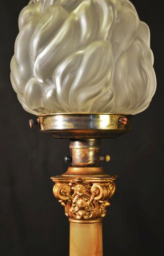 antique lamp Edwardian 1910 L/E cast bronze Corinthian rouge marble flame shade 3