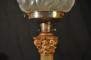 antique lamp Edwardian 1910 L/E cast bronze Corinthian rouge marble flame shade 7