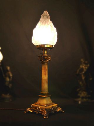 antique lamp Edwardian 1910 L/E cast bronze Corinthian rouge marble flame shade 9