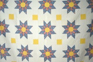 Large WELL QUILTED Vintage 30 ' s Star Flower Antique Quilt COLORS 2