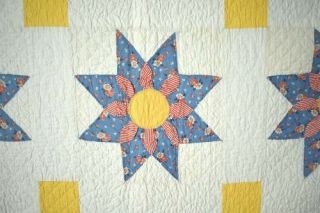 Large WELL QUILTED Vintage 30 ' s Star Flower Antique Quilt COLORS 3