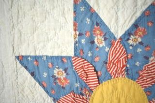 Large WELL QUILTED Vintage 30 ' s Star Flower Antique Quilt COLORS 5
