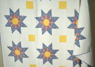 Large WELL QUILTED Vintage 30 ' s Star Flower Antique Quilt COLORS 7