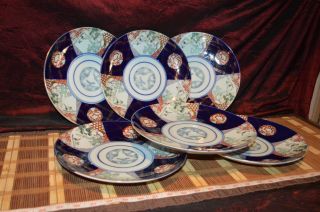 6 Vintage Imari Japan Dinner Plates,  Stork,  Floral,  Cobalt Blue,  Marked 9 7/8 "
