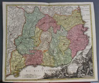 Catalonia Spain 1728 Johann Baptist Homann Antique Copper Engraved Map