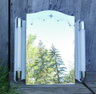 Vintage Art Deco White Chrome Lighted Recessed Etched Mirror Medicine Cabinet