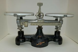 Vintage Cast Iron Balance Scale With Two Heavy White Porcelain - Like Trays