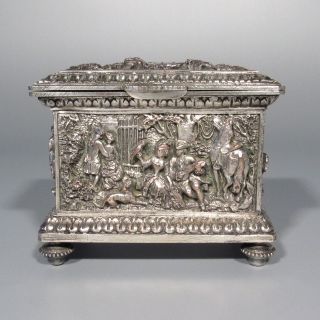 Antique French Silverplated Jewelry Box,  Hunting,  Courting Scenes,  Figures,  Dog