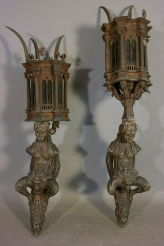 (2) Antique Gothic Figural Nude Gargoyle Statue Old Cathedral Glass Wall Sconces