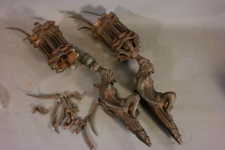 (2) Antique GOTHIC Figural NUDE GARGOYLE STATUE Old CATHEDRAL GLASS Wall SCONCES 9