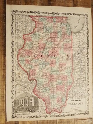 Antique Colored Map Of Illinois - Johnson 