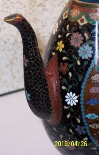 ANTIQUE JAPANESE MEIJI CLOISONNE ENAMEL TEAPOT PHOENIX BUTTERFLY EX COND 6.  5 