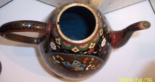 ANTIQUE JAPANESE MEIJI CLOISONNE ENAMEL TEAPOT PHOENIX BUTTERFLY EX COND 6.  5 