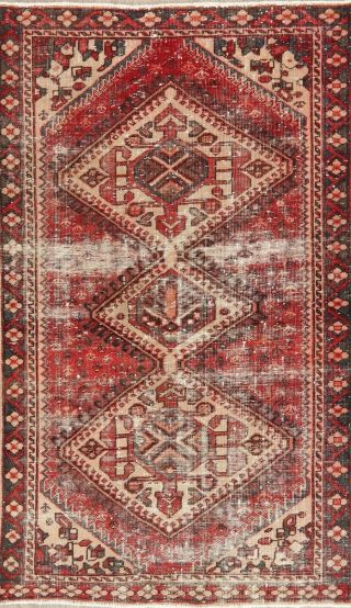 Antique Old Geometric Worn Pile Bakhtiari Oriental Area Rug Hand - Made Wool 4 