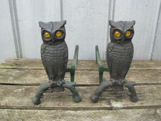 Vintage Iron Owl Andirons Amber Glass Eyes Fireplace Decor Cast Iron Ornate