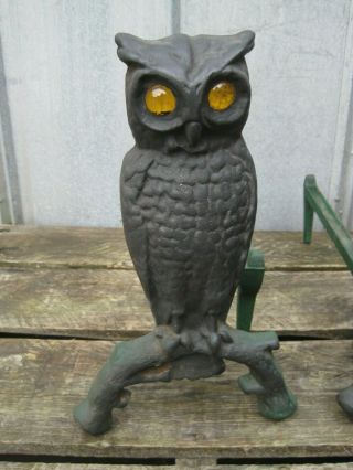 Vintage Iron Owl Andirons Amber Glass Eyes Fireplace Decor Cast Iron Ornate 2