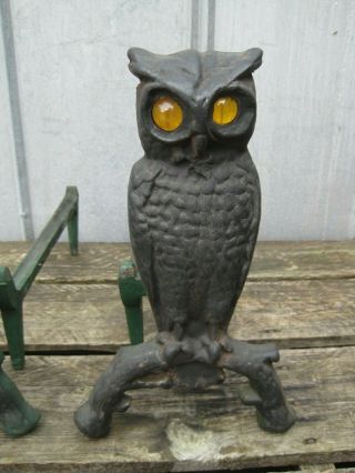 Vintage Iron Owl Andirons Amber Glass Eyes Fireplace Decor Cast Iron Ornate 3