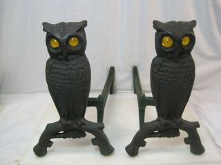Vintage Iron Owl Andirons Amber Glass Eyes Fireplace Decor Cast Iron Ornate 4