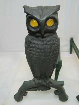 Vintage Iron Owl Andirons Amber Glass Eyes Fireplace Decor Cast Iron Ornate 5