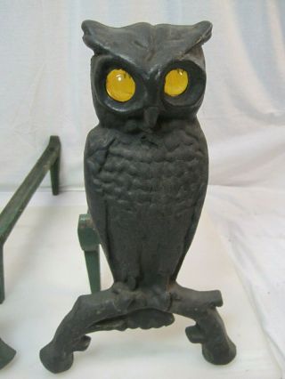 Vintage Iron Owl Andirons Amber Glass Eyes Fireplace Decor Cast Iron Ornate 6