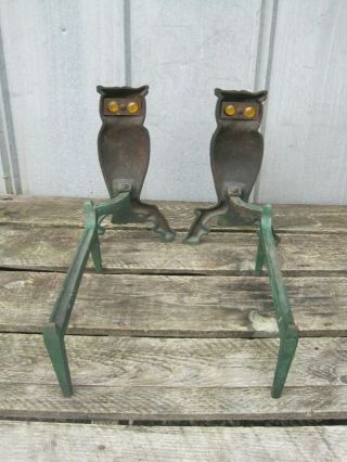 Vintage Iron Owl Andirons Amber Glass Eyes Fireplace Decor Cast Iron Ornate 7