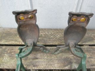 Vintage Iron Owl Andirons Amber Glass Eyes Fireplace Decor Cast Iron Ornate 8