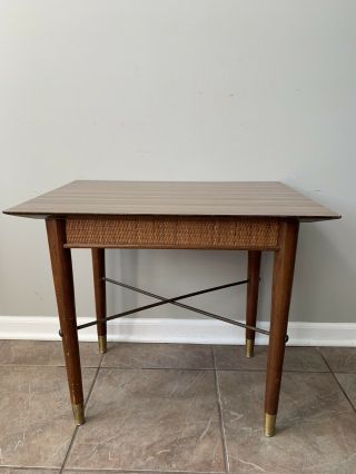 Vintage Walnut Teak Wood Wicker Mid Century Modern Side Table Nightstand