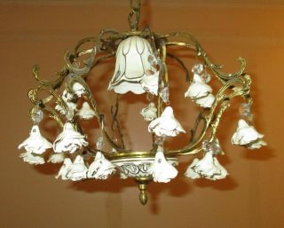 Antique Vintage Chandelier French Petite Porcelain Hanging Light Fixture Roses