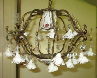 Antique Vintage Chandelier French Petite Porcelain Hanging Light Fixture Roses 2