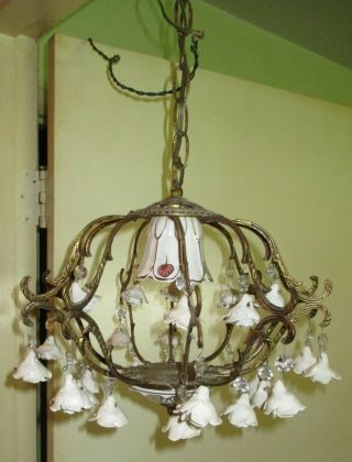 Antique Vintage Chandelier French Petite Porcelain Hanging Light Fixture Roses 3