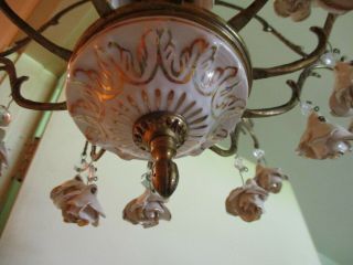 Antique Vintage Chandelier French Petite Porcelain Hanging Light Fixture Roses 5
