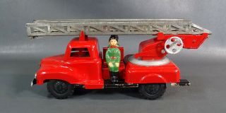 1970 ' s Poland Wroclaw Palart Fire Truck Fire - engine Ladder w Fireman tin Toy 8 2