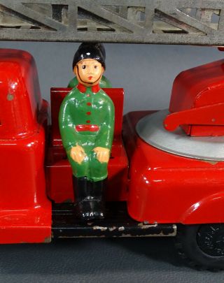 1970 ' s Poland Wroclaw Palart Fire Truck Fire - engine Ladder w Fireman tin Toy 8 3