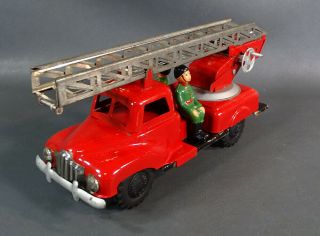 1970 ' s Poland Wroclaw Palart Fire Truck Fire - engine Ladder w Fireman tin Toy 8 4