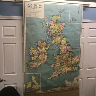 Vintage Rare Large Wall Map Great Britain & Ireland Scotland 1960 London Dublin