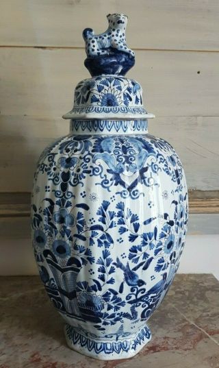 And Large Vase Faience 18th Century,  Delft,  Bird Decor,  Signed