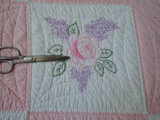 Cottage Romance Vintage 30s Pink & White Embroidered Rose QUILT 82x72 