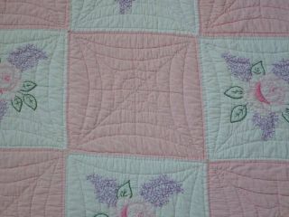 Cottage Romance Vintage 30s Pink & White Embroidered Rose QUILT 82x72 