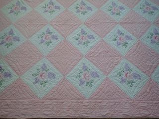 Cottage Romance Vintage 30s Pink & White Embroidered Rose QUILT 82x72 